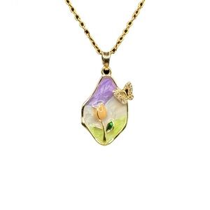 Floral Pastel Enamel Pendant with Butterfly Accent on Stainless Gold Tone Chain
